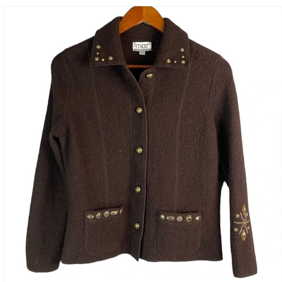 VINTAGE Mat Collection Brown Wool Jacket Blazer Embellished Grandma Size Small - Picture 2 of 14